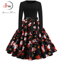 Zimowe sukienki świąteczne damskie 50S 60S suknia w stylu Vintage Swing Pinup elegancka sukienka z długim rękawem Casual Plus rozmiar wydruku czarny 3